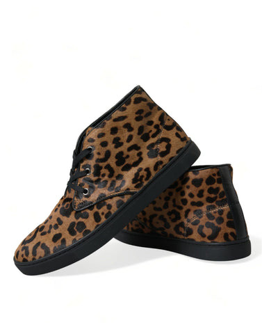 Brown leopard print pony hair leather sneakers by Dolce & Gabbana, featuring stylish design and comfortable fit.
