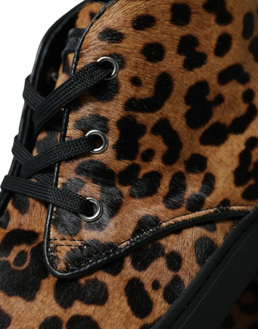 Brown leopard pony hair leather sneakers by Dolce & Gabbana with stylish design and textured animal print.