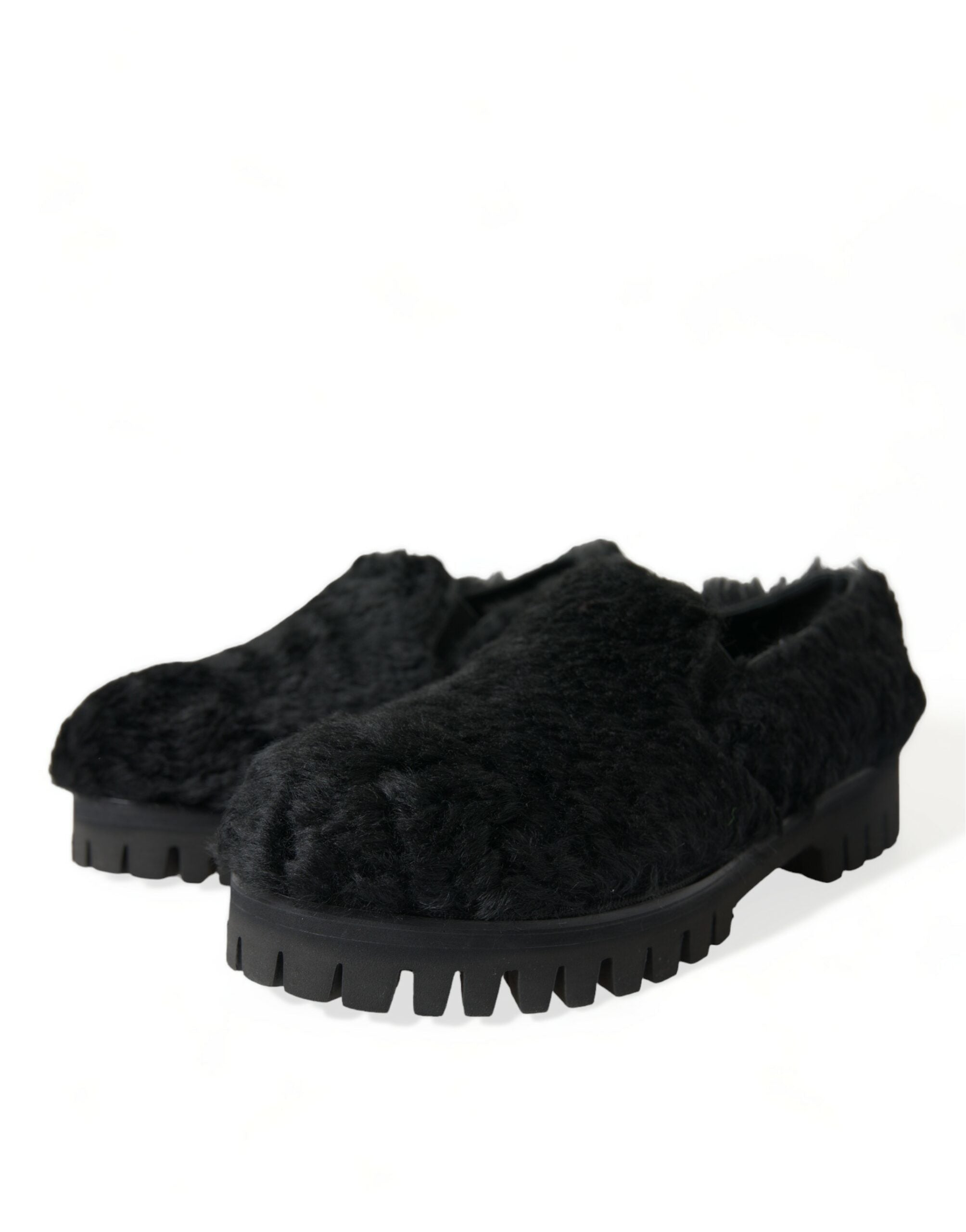 Dolce & Gabbana black fur leather slippers dress shoes with sleek design and plush fur accents, perfect for elegant footwear.