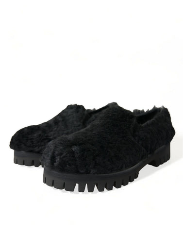 Dolce & Gabbana black fur leather slippers dress shoes with sleek design and plush fur accents, perfect for elegant footwear.