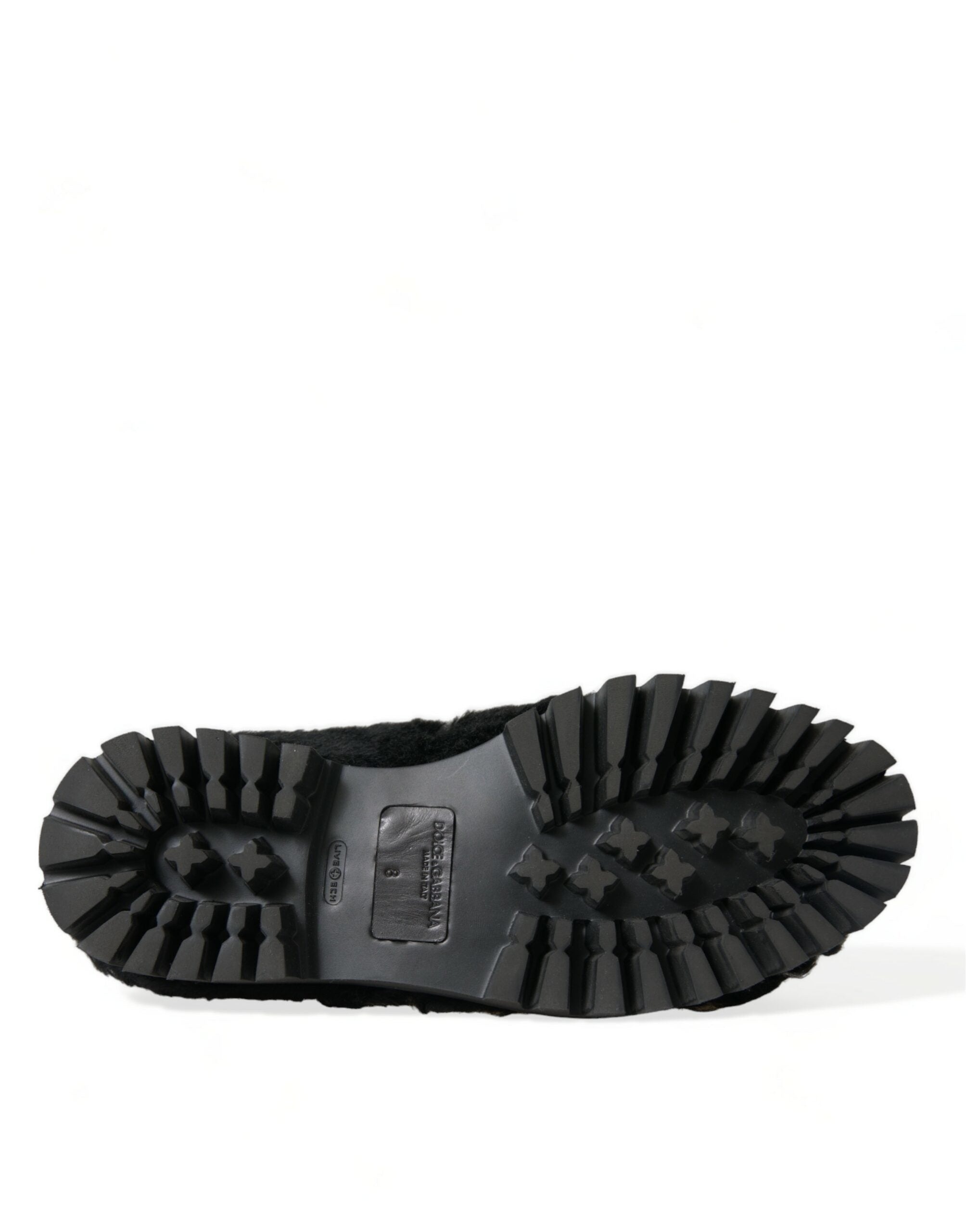 Dolce & Gabbana black fur leather slippers dress shoes with sleek design and luxurious fur accents.