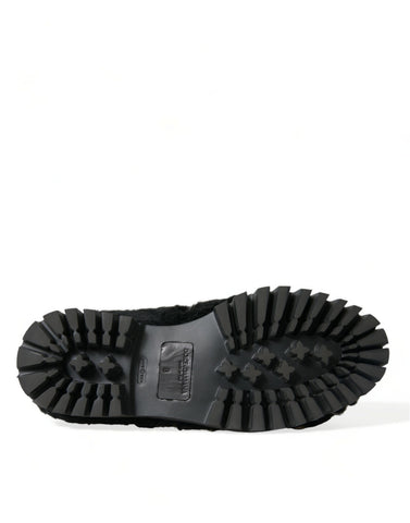 Dolce & Gabbana black fur leather slippers dress shoes with sleek design and luxurious fur accents.