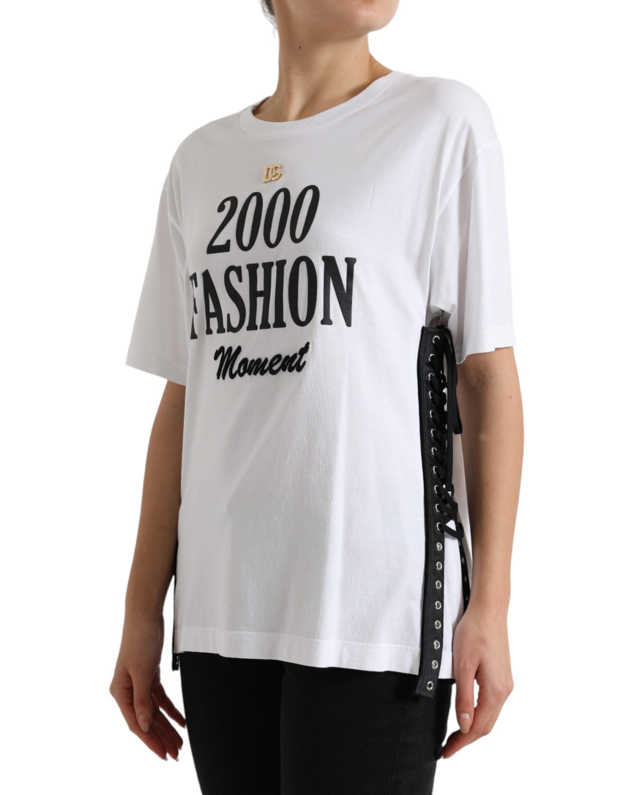 White Dolce & Gabbana T-shirt with slogan print, lace-up details, and casual fit, showcasing modern designer style.
