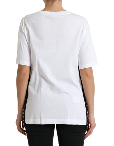 White Dolce & Gabbana slogan print lacing detailed T-shirt with graphic design and lace accents on the front.