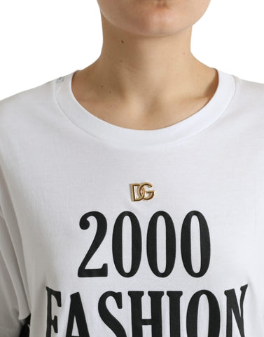 White Dolce & Gabbana T-shirt with slogan print and lace detailing, featuring a casual fit and stylish design.