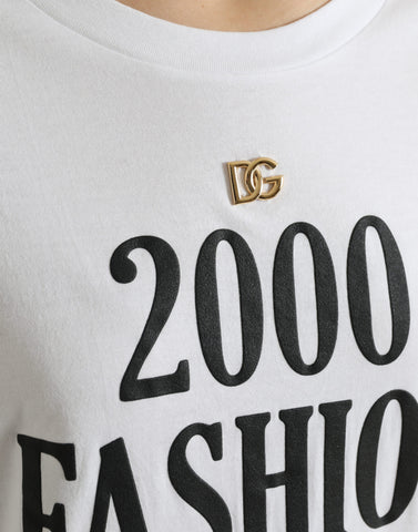 White Dolce & Gabbana T-shirt with slogan print and lace detailing, featuring a casual fit and stylish design.