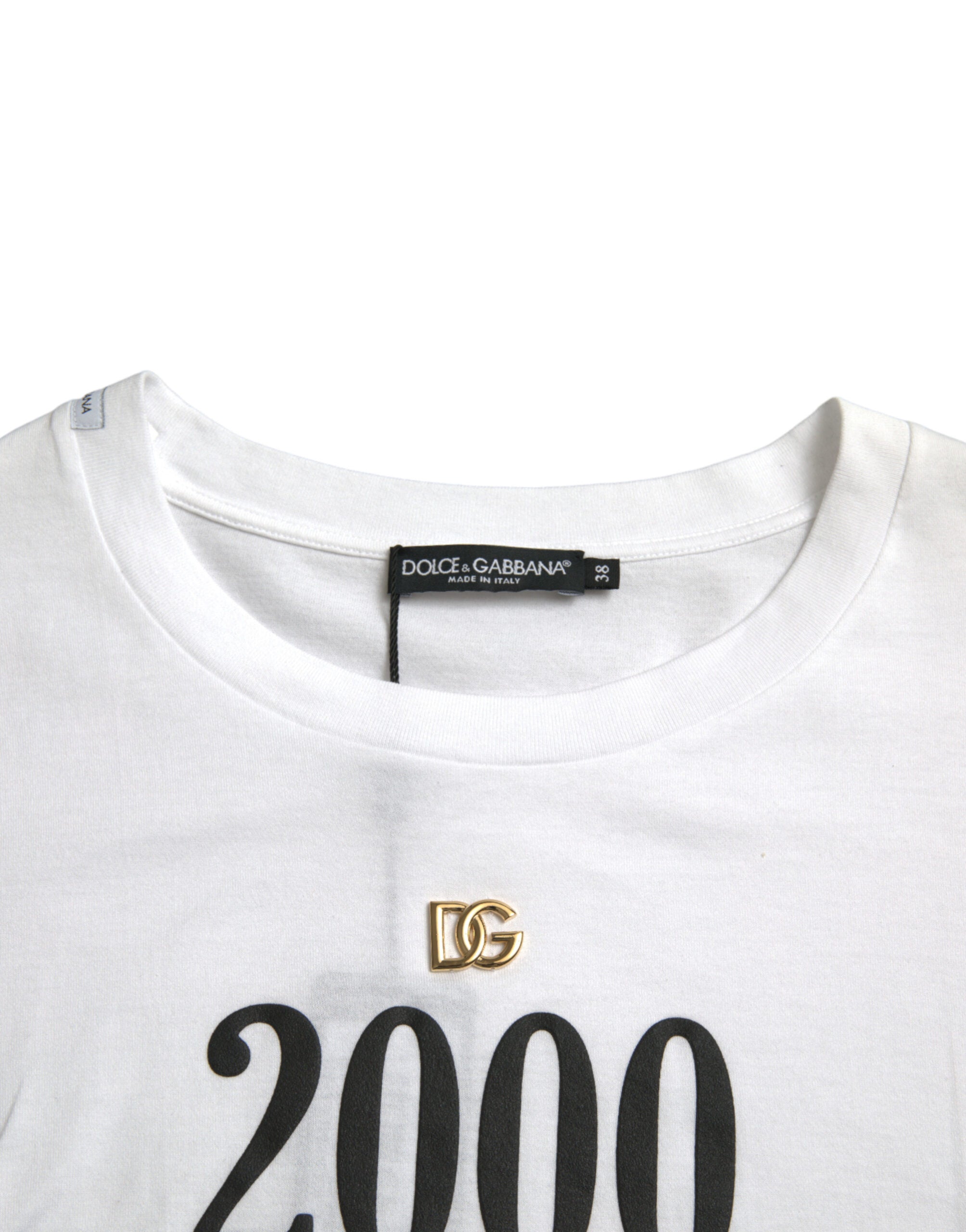 White Dolce & Gabbana T-shirt with slogan print and lace detailing, casual fit, short sleeves, and round neckline.