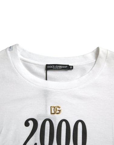 White Dolce & Gabbana T-shirt with slogan print and lace detailing, casual fit, short sleeves, and round neckline.