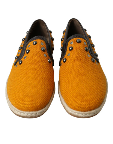 Orange linen and leather studded loafers shoes by Dolce & Gabbana, featuring a stylish slip-on design with decorative studs.