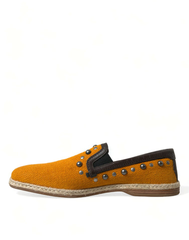 Orange linen and leather studded loafers shoes by Dolce & Gabbana featuring a stylish slip-on design and decorative stud accents.