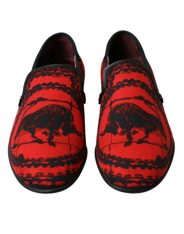 Dolce & Gabbana red and black torero loafers slippers for men, stylish slip-on shoes with bold color contrast.