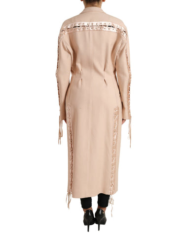 Beige cotton single-breasted long coat jacket by Dolce & Gabbana, displayed on a hanger.