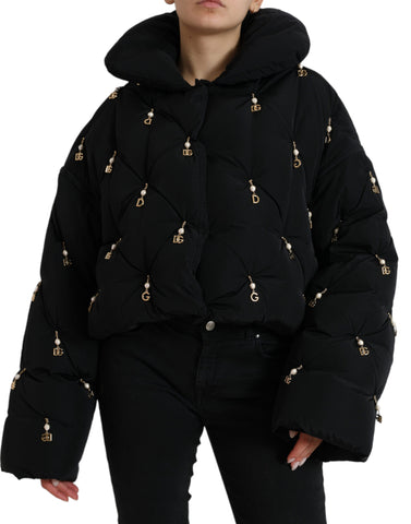 Black embellished quilted shell bomber jacket by Dolce & Gabbana with intricate embroidery and a fitted, stylish design.