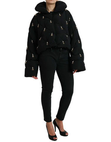 Black embellished quilted shell bomber jacket by Dolce & Gabbana featuring decorative beads and a ribbed collar.