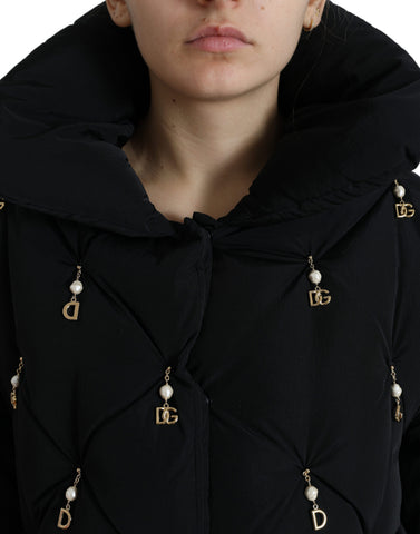 Black embellished quilted shell bomber jacket by Dolce & Gabbana featuring intricate embroidery and a fitted design.