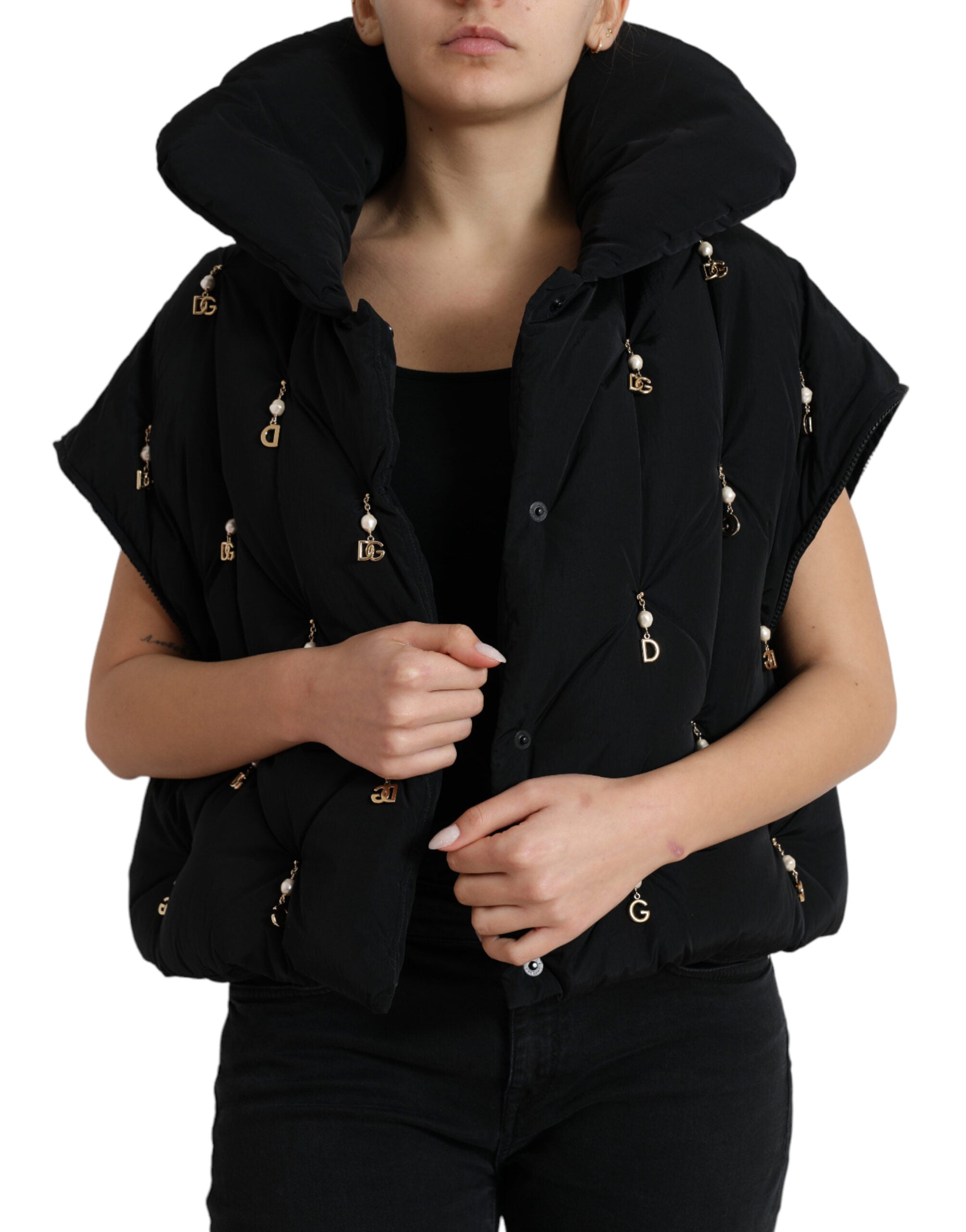 Black embellished quilted shell bomber jacket by Dolce & Gabbana with intricate embellishments and a fitted, stylish design.