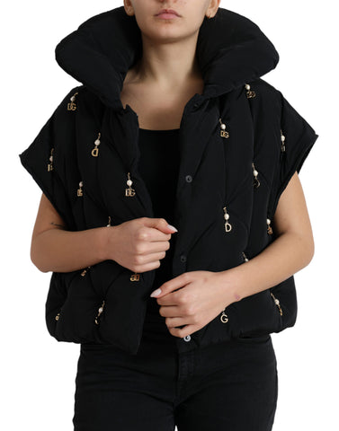 Black embellished quilted shell bomber jacket by Dolce & Gabbana with intricate embellishments and a fitted, stylish design.