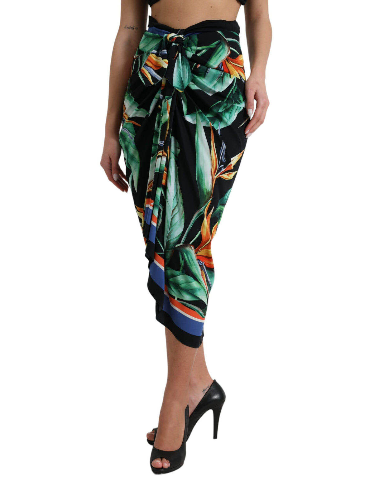 Black Strelitzia high waist wrap midi skirt by Dolce & Gabbana, featuring a flowing fabric and elegant design.