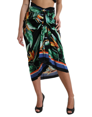 Black Strelitzia high waist wrap midi skirt by Dolce & Gabbana, showing flowing fabric and elegant design.