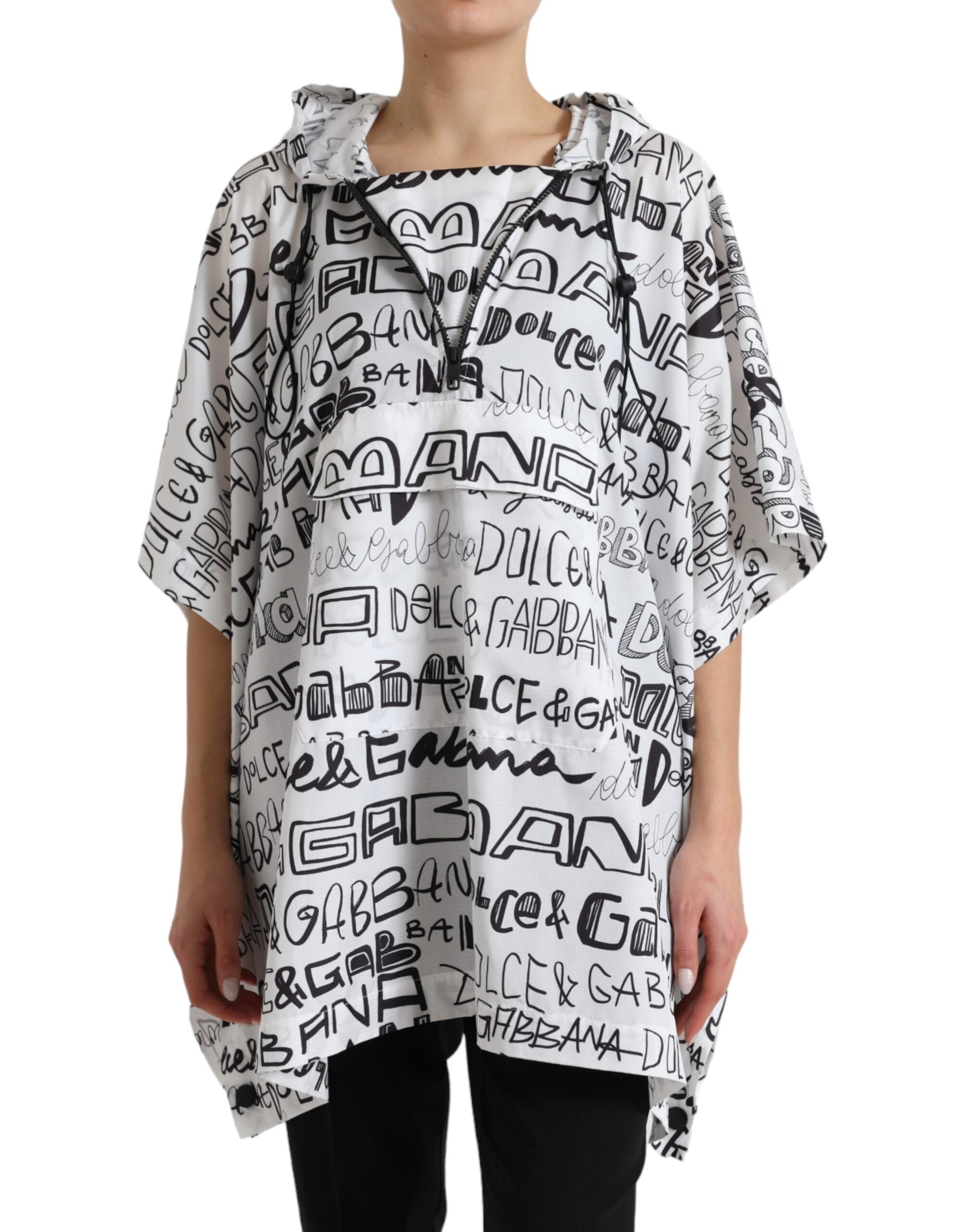 White hooded blouson T-shirt with Dolce & Gabbana logo print, casual top with long sleeves and front pocket detail.