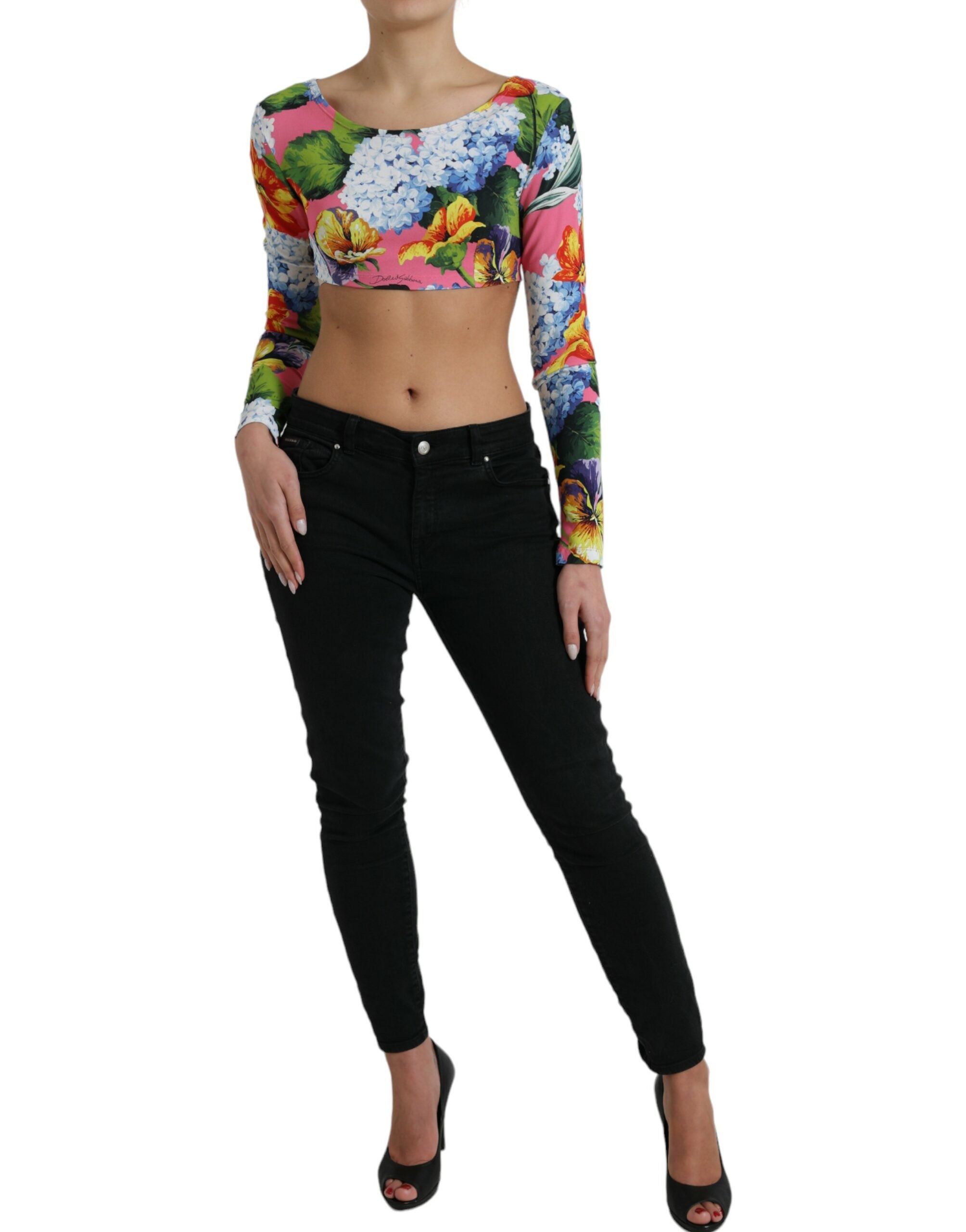 Multicolor floral long-sleeve cropped top by Dolce & Gabbana, featuring vibrant floral patterns and a stylish cropped fit.