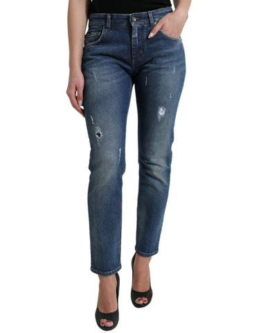 Blue Dolce & Gabbana boyfriend mid-waist cotton denim jeans with classic five-pocket design and relaxed fit.