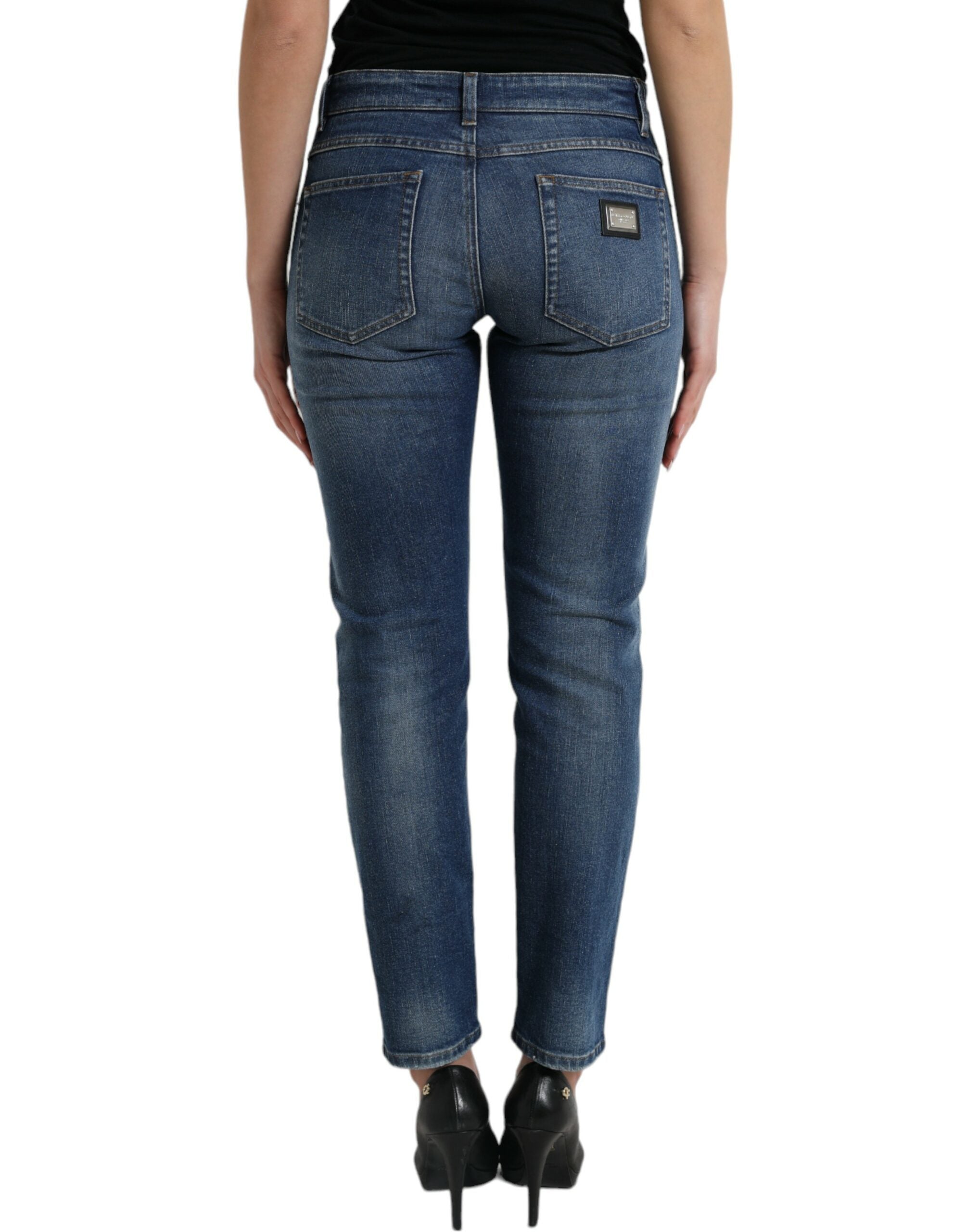 Blue Dolce & Gabbana Boyfriend mid-waist cotton denim jeans shown with front pockets and classic fit.