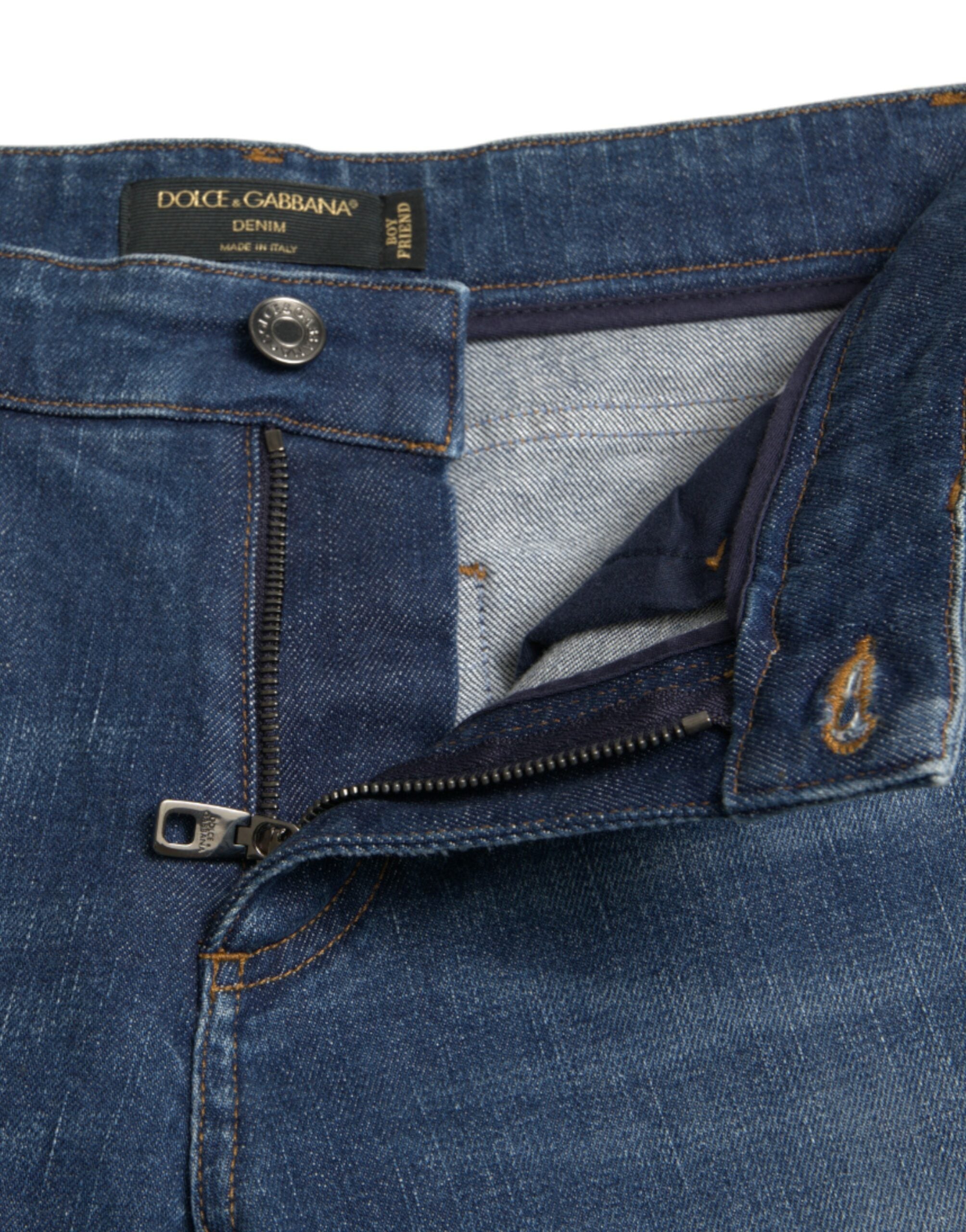 Blue Dolce & Gabbana boyfriend mid-rise cotton denim jeans with classic fit and five-pocket style.