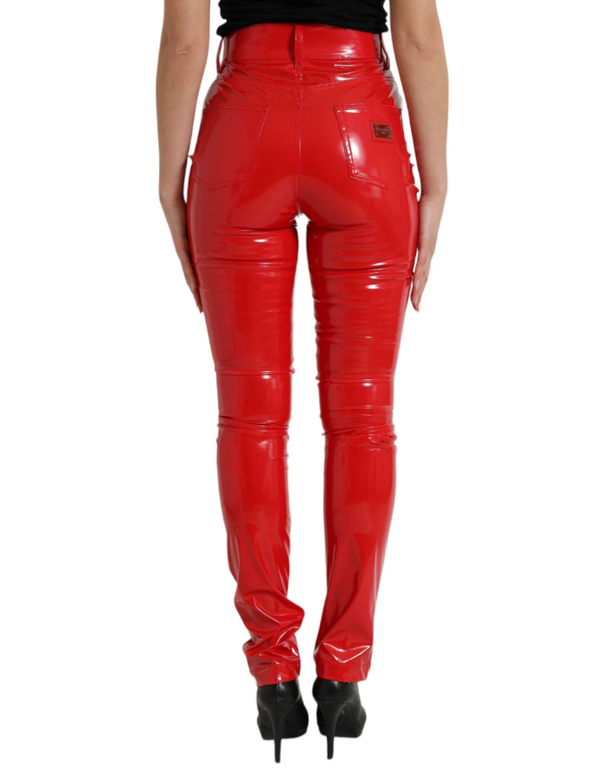 Shiny red high waist skinny pants by Dolce & Gabbana, fitted style with sleek fabric and stylish design.