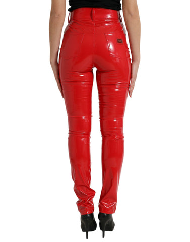 Shiny red high waist skinny pants by Dolce & Gabbana, fitted style with sleek fabric and stylish design.