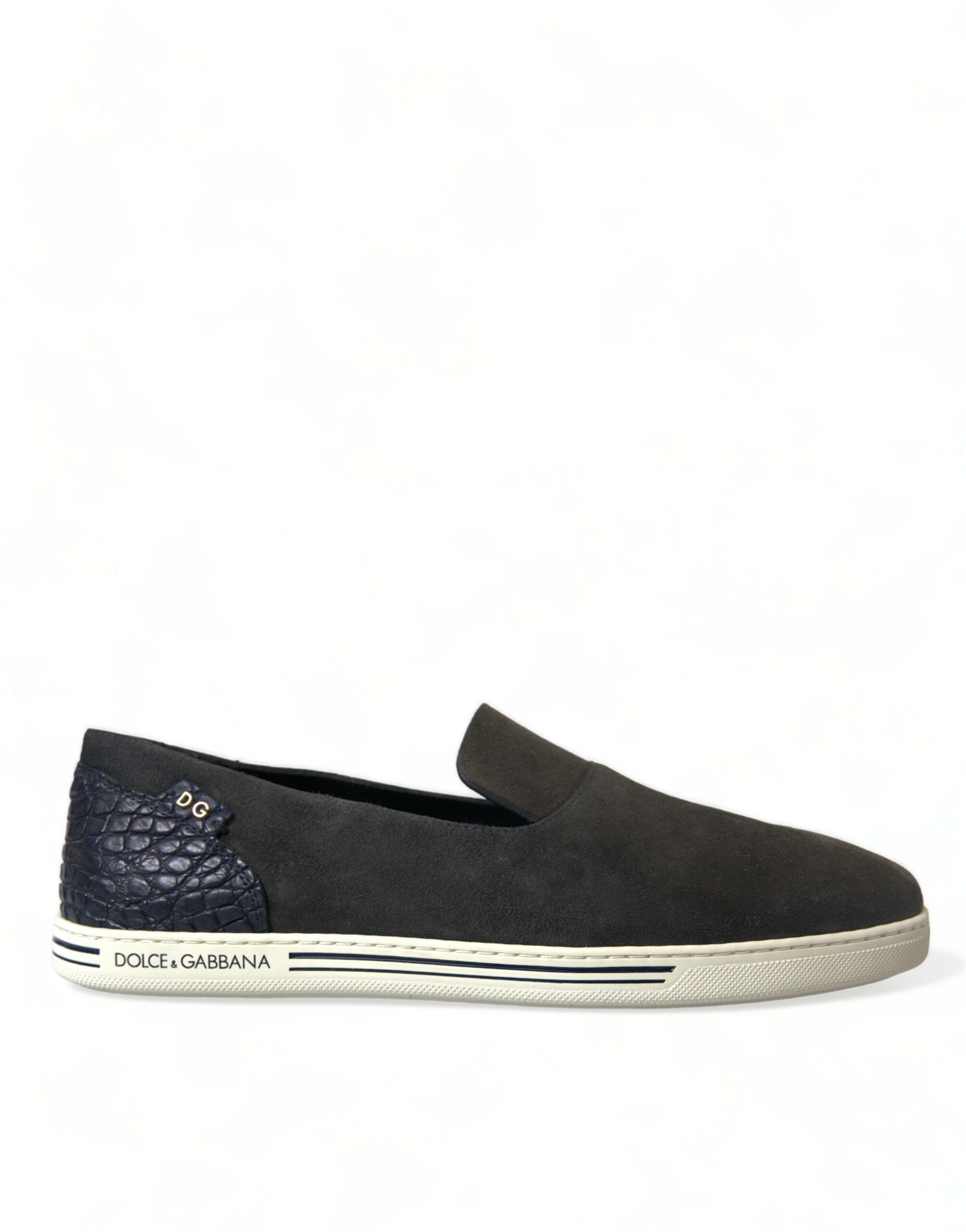 Blue suede Caiman men’s loafers slippers by Dolce & Gabbana, featuring sleek design and luxurious texture.