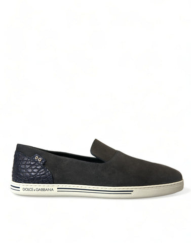 Blue suede Caiman men’s loafers slippers by Dolce & Gabbana, featuring sleek design and luxurious texture.