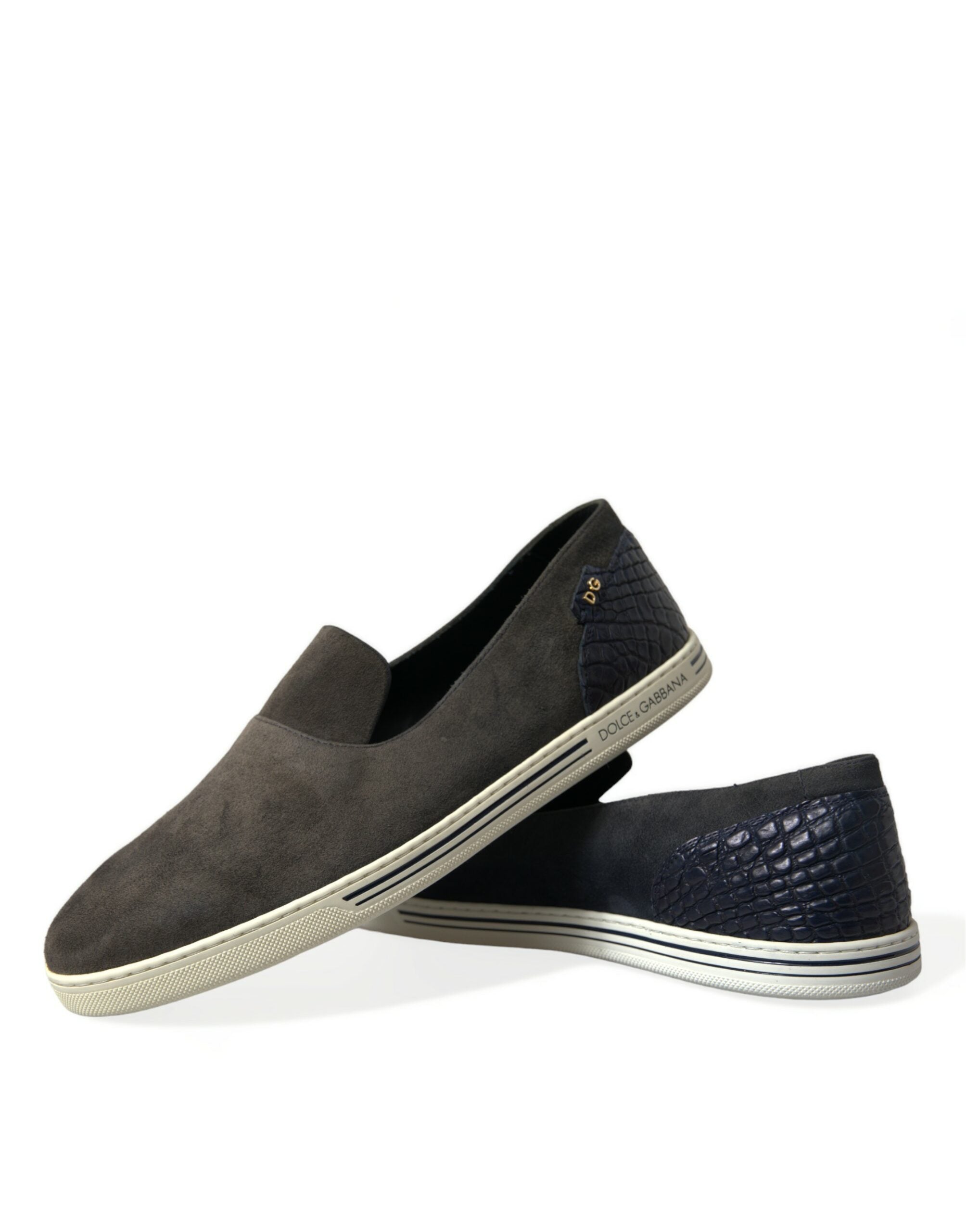 Blue suede Caiman men’s loafers slippers by Dolce & Gabbana, featuring classic slip-on design and textured reptile pattern.
