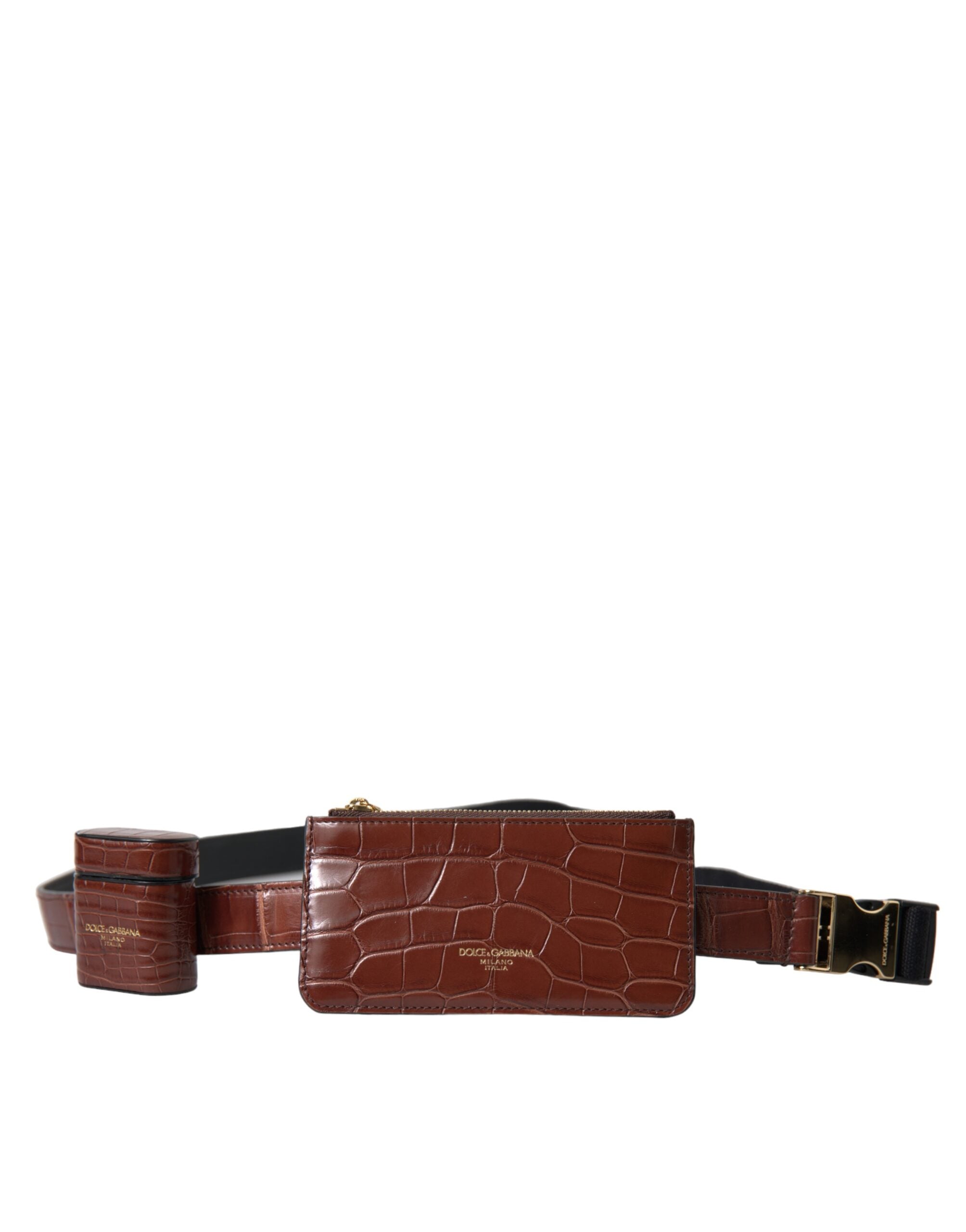 Brown alligator leather AirPods case, coin purse, and wallet by Dolce & Gabbana, showcasing luxurious textured leather and compact design.