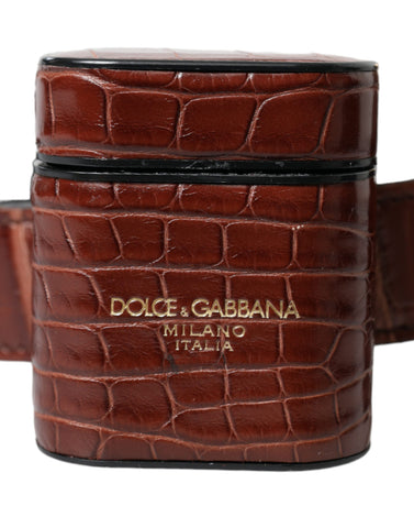 Dolce & Gabbana brown alligator leather AirPods case, coin purse, and wallet with textured crocodile pattern.