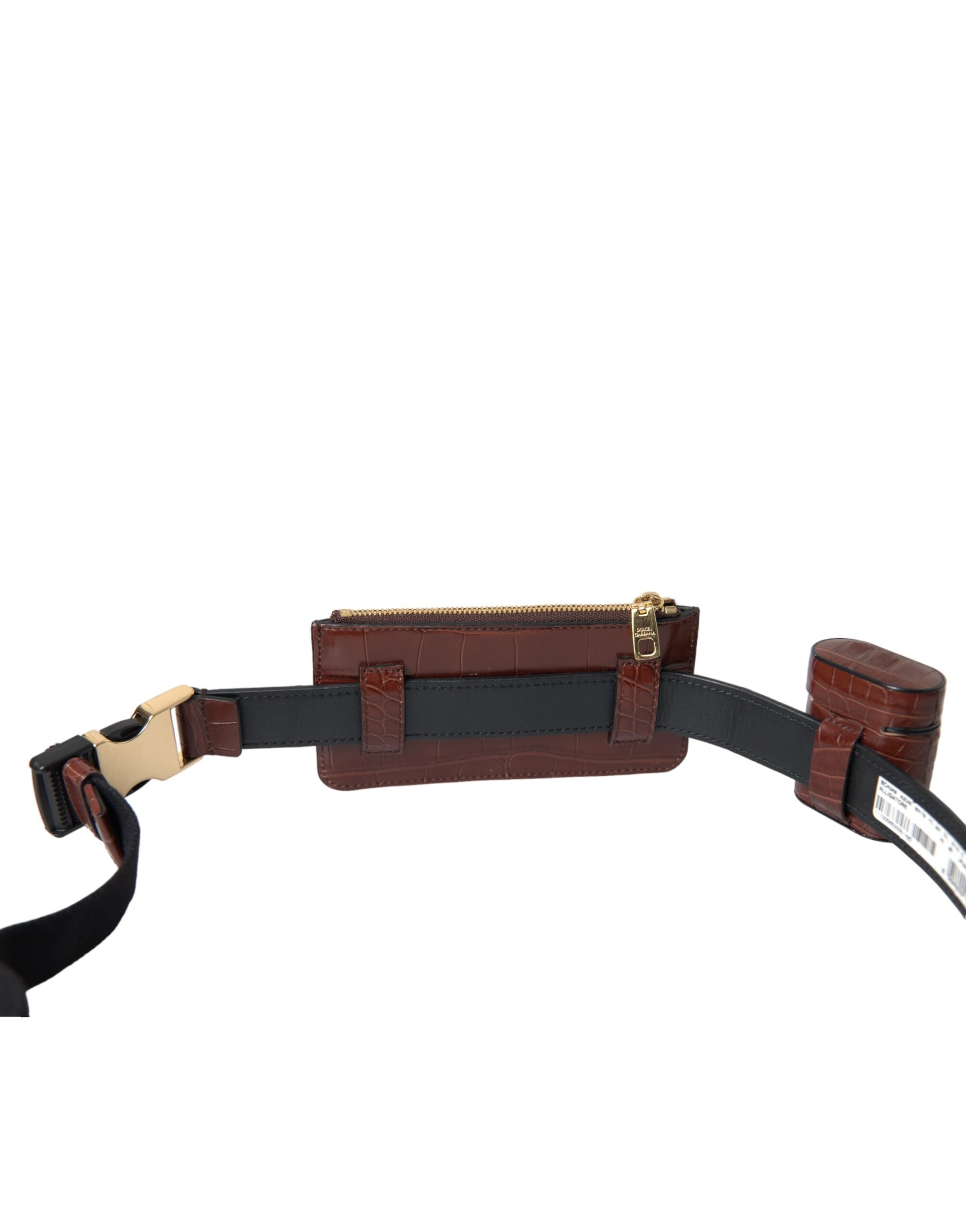 Brown alligator leather AirPods case and coin purse wallet by Dolce & Gabbana, featuring a sleek, textured design and compact size.