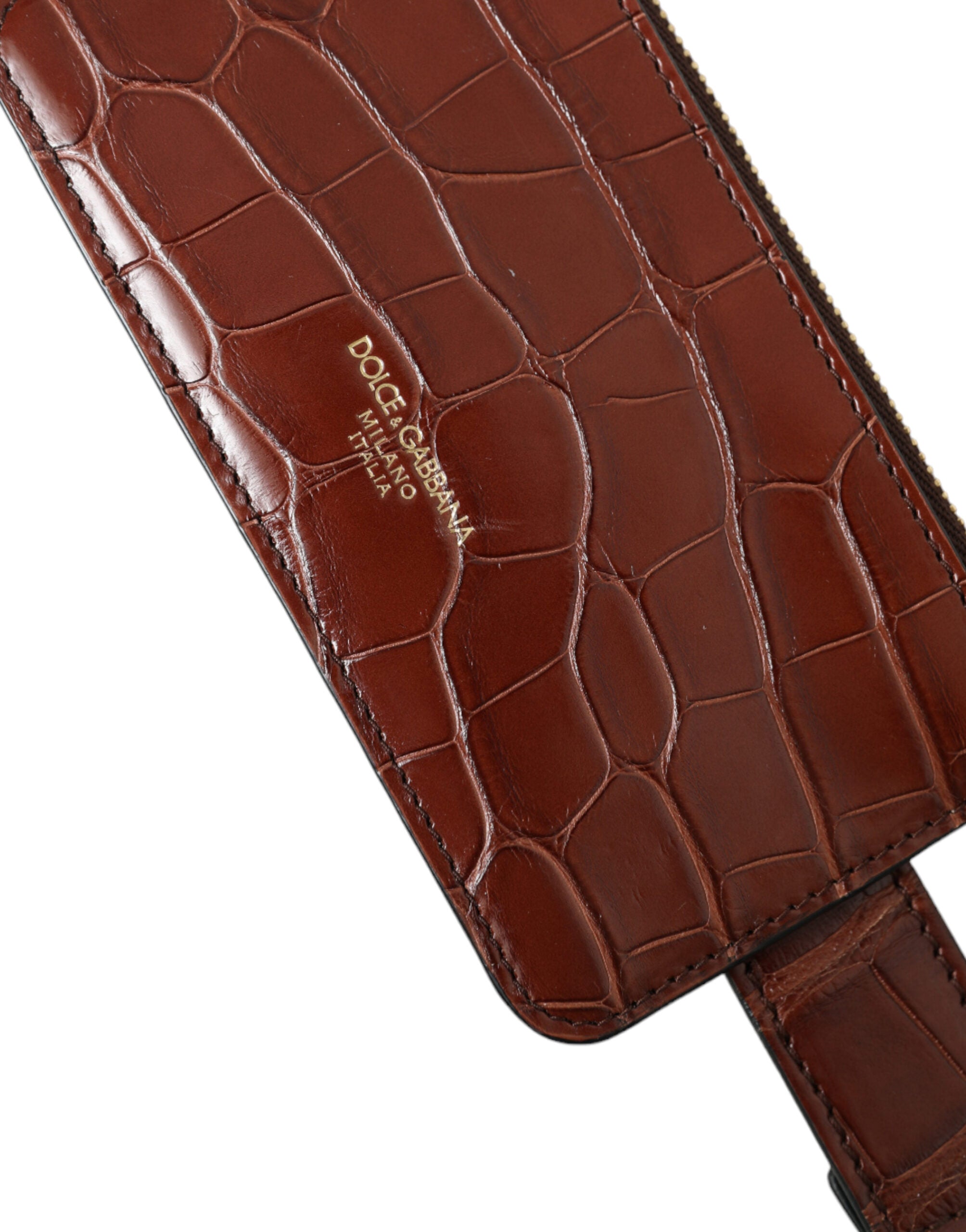 Brown alligator leather AirPods case coin purse wallet by Dolce & Gabbana, featuring a compact, luxurious design with detailed texture.