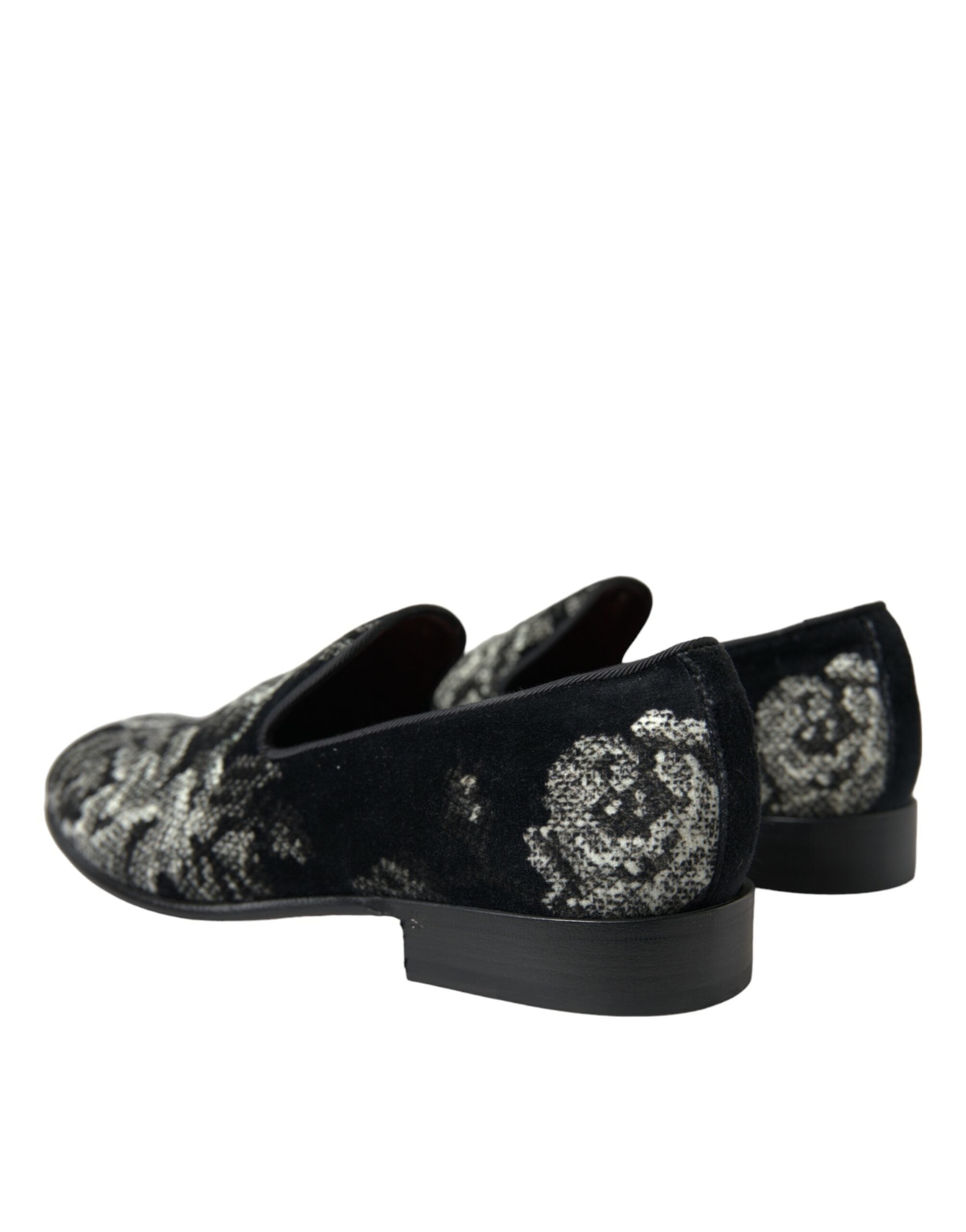Dolce & Gabbana black floral loafers for men, stylish slip-on dress slippers with floral pattern and comfortable design.