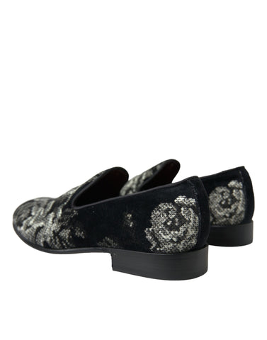 Dolce & Gabbana black floral loafers for men, stylish slip-on dress slippers with floral pattern and comfortable design.