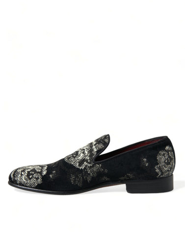 Black floral loafers for men by Dolce & Gabbana, stylish dress slippers with floral pattern and sleek design.