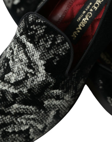 Black floral Dolce & Gabbana men's slippers loafers with dress shoe style and floral pattern, casual elegant footwear.