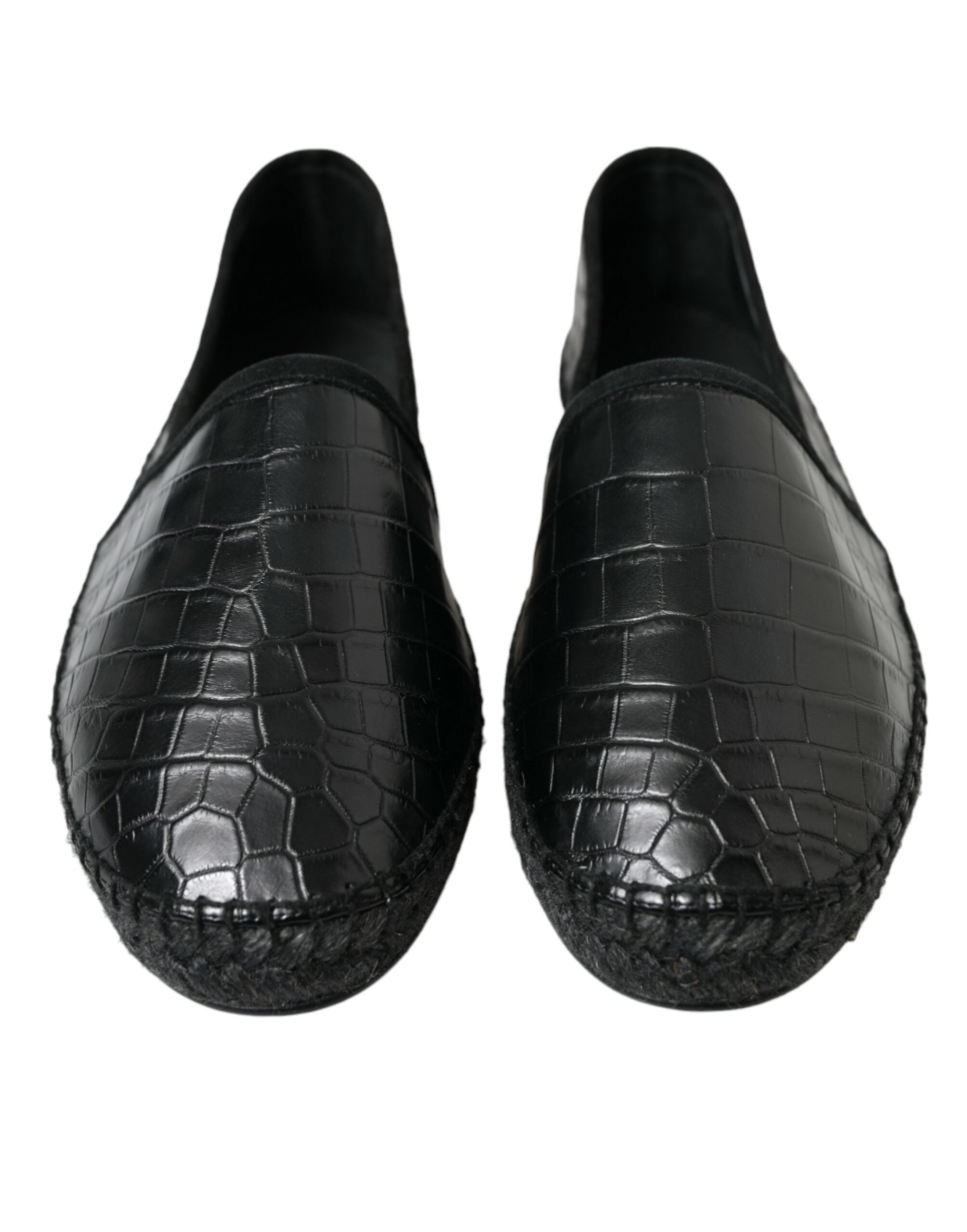 Dolce & Gabbana black exotic leather slip-on espadrille shoes with textured finish and comfortable sole.