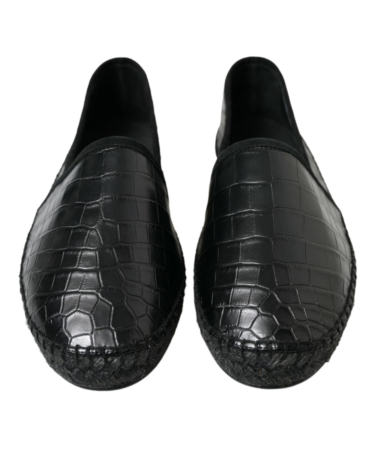 Dolce & Gabbana black exotic leather slip-on espadrille shoes with textured finish and comfortable sole.