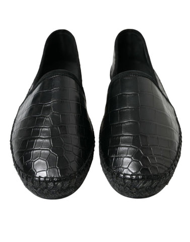 Dolce & Gabbana black exotic leather slip-on espadrille shoes with textured finish and comfortable sole.