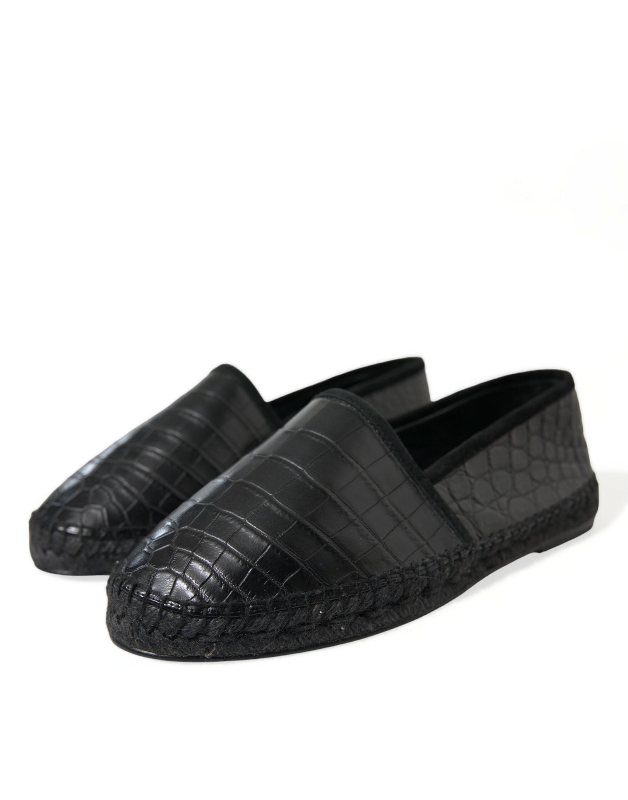 Dolce & Gabbana black exotic leather slip-on espadrille shoes with textured design and comfortable sole.