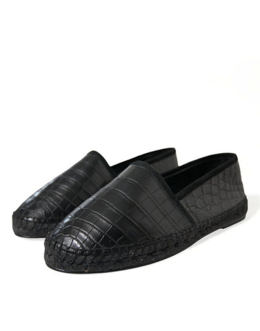 Dolce & Gabbana black exotic leather slip-on espadrille shoes with textured design and comfortable sole.