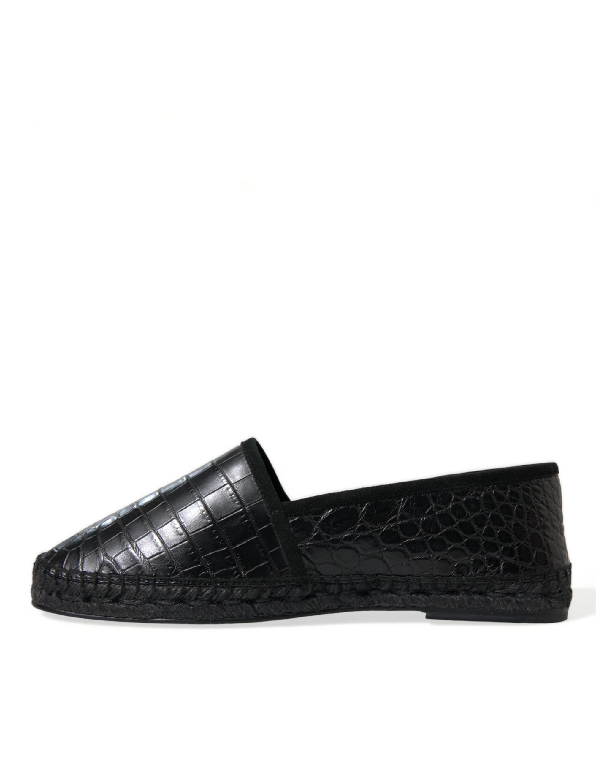 Black exotic leather espadrilles slip-on shoes by Dolce & Gabbana featuring textured leather and comfortable design.