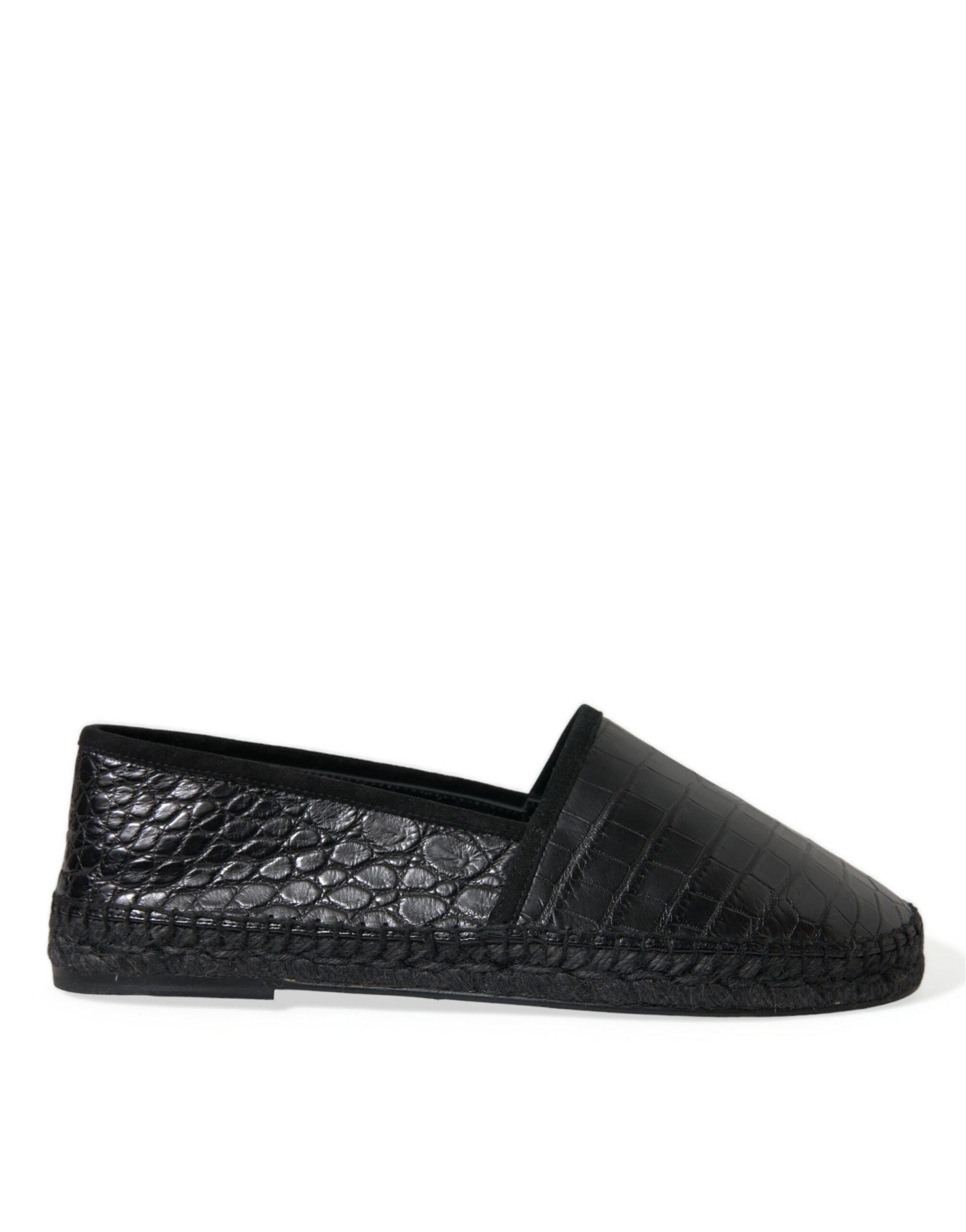 Black exotic leather espadrille slip-on shoes by Dolce & Gabbana with woven jute soles and sleek design.