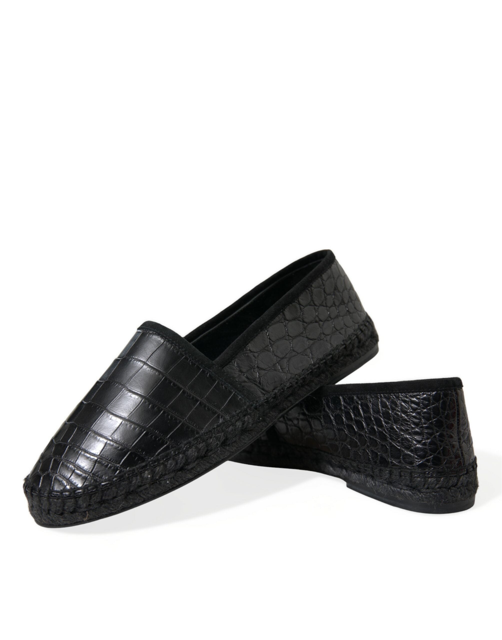 Black exotic leather espadrilles slip-on shoes by Dolce & Gabbana with woven jute soles and sleek design.