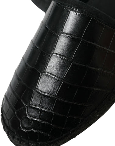 Black exotic leather espadrilles slip-on shoes by Dolce & Gabbana featuring textured leather and comfortable flat soles.